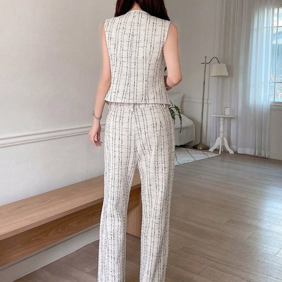 White Preppy Womens Plaid Suit Vest And Wide Leg Pants Suit - Picture 2 of 5